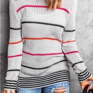 NEW Gray Sweater with Pink and Black Stripes